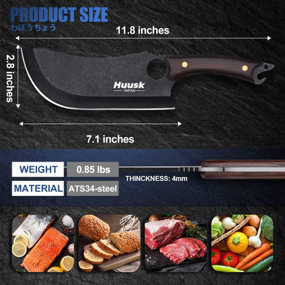 Huusk Meat Cleaver Knife with Sheath - Butcher Knives for Meat Cutting | Japanese Chef Knife with Damascus Pattern for Kitchen, Camping, BBQ, Ergonomic Full Tang Handle, Cool Gifts for Men