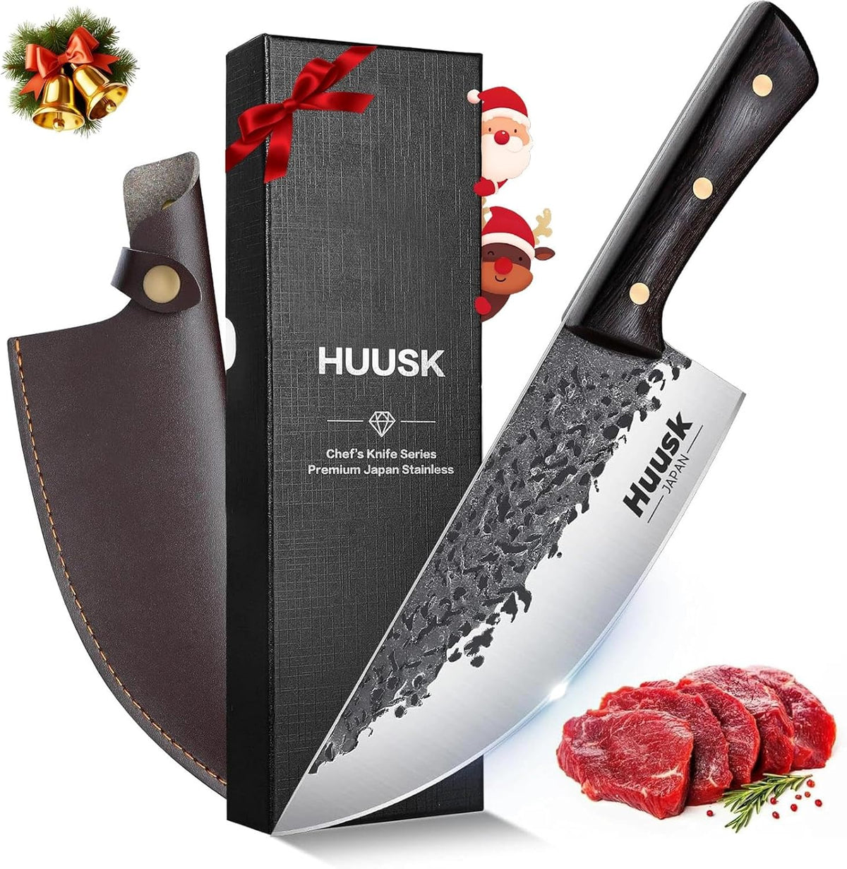 Huusk Meat Cleaver Knife with Sheath - Butcher Knives for Meat Cutting | Japanese Chef Knife with Damascus Pattern for Kitchen, Camping, BBQ, Ergonomic Full Tang Handle, Cool Gifts for Men
