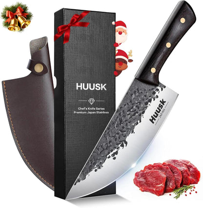 Huusk Meat Cleaver Knife with Sheath - Butcher Knives for Meat Cutting | Japanese Chef Knife with Damascus Pattern for Kitchen, Camping, BBQ, Ergonomic Full Tang Handle, Cool Gifts for Men