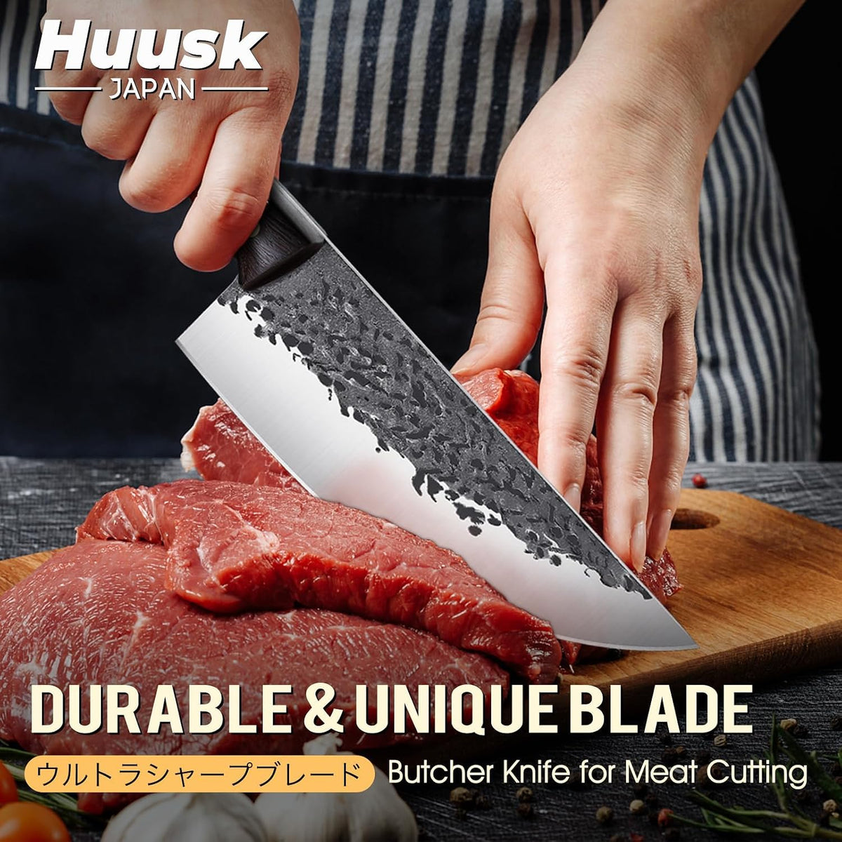 Huusk Meat Cleaver Knife with Sheath - Butcher Knives for Meat Cutting | Japanese Chef Knife with Damascus Pattern for Kitchen, Camping, BBQ, Ergonomic Full Tang Handle, Cool Gifts for Men