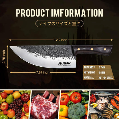 Huusk Meat Cleaver Knife with Sheath - Butcher Knives for Meat Cutting | Japanese Chef Knife with Damascus Pattern for Kitchen, Camping, BBQ, Ergonomic Full Tang Handle, Cool Gifts for Men