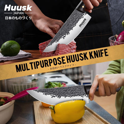 Huusk Meat Cleaver Knife with Sheath - Butcher Knives for Meat Cutting | Japanese Chef Knife with Damascus Pattern for Kitchen, Camping, BBQ, Ergonomic Full Tang Handle, Cool Gifts for Men