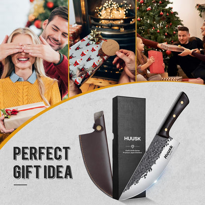 Huusk Meat Cleaver Knife with Sheath - Butcher Knives for Meat Cutting | Japanese Chef Knife with Damascus Pattern for Kitchen, Camping, BBQ, Ergonomic Full Tang Handle, Cool Gifts for Men