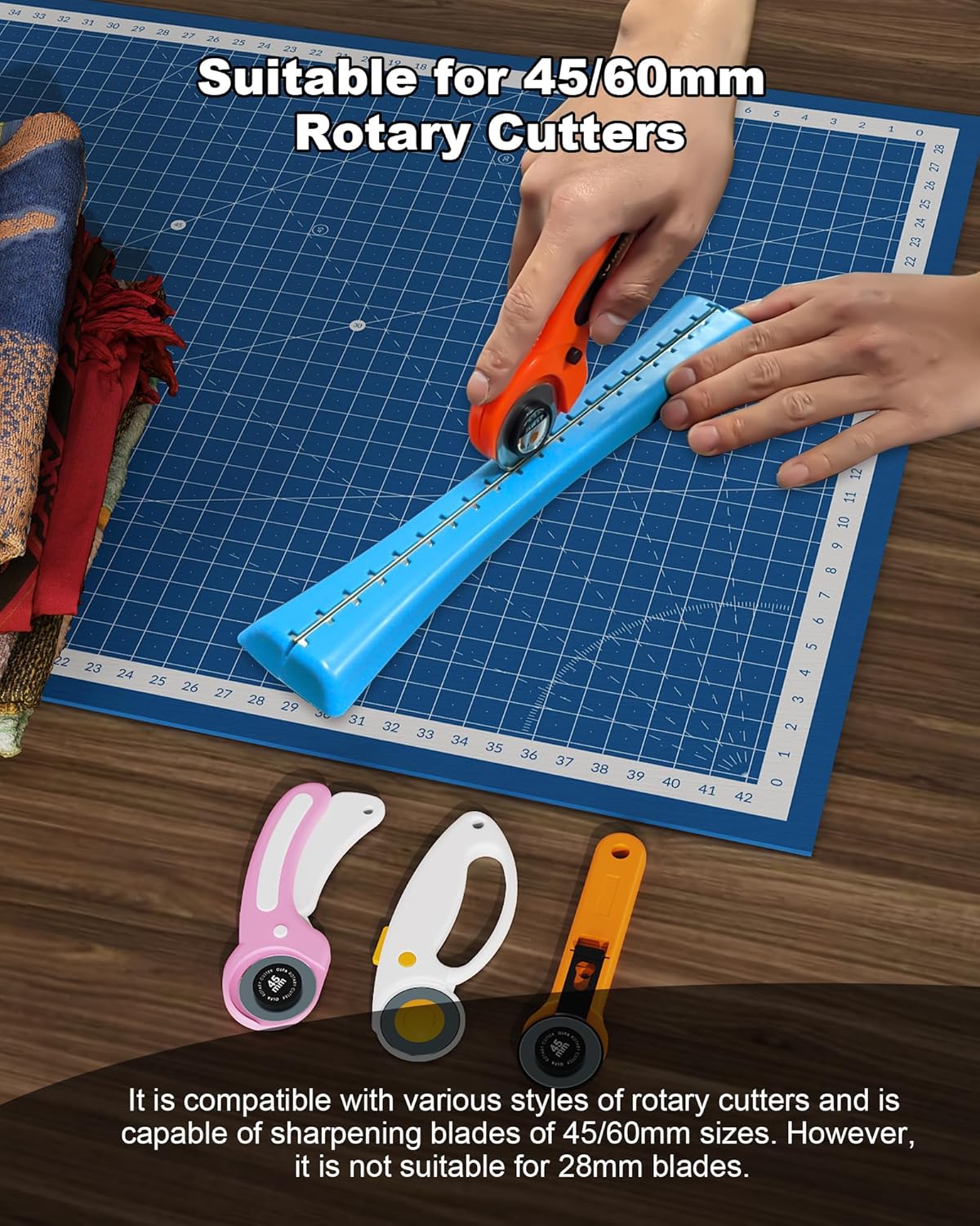 Linear Rotary Blade Sharpener, Rotary Cutter Sharpener for 45mm and 60mm Blades, Manual Rotary Sharpener Tool made of 2 Diamond-Coated Sharpening Stones for Blade Repair, with Clean brush