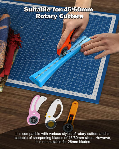 Linear Rotary Blade Sharpener, Rotary Cutter Sharpener for 45mm and 60mm Blades, Manual Rotary Sharpener Tool made of 2 Diamond-Coated Sharpening Stones for Blade Repair, with Clean brush