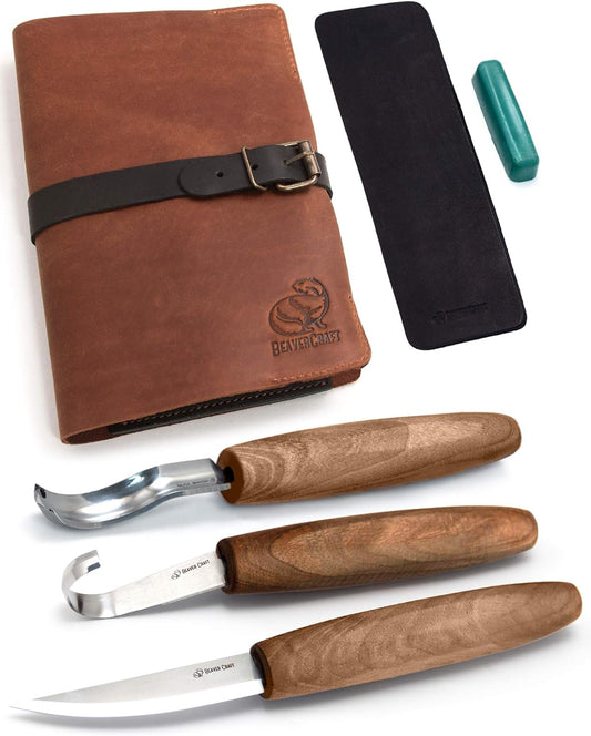 Wood Spoon Carving Tools Kit S14x Deluxe - Whittling Tools Set Includes Sloyd Wood Carving Knife, Hook Knife, Gouge, Leather Roll-Up Case & Leather strop with Polishing Compound