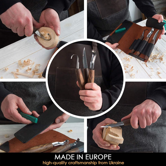 Wood Spoon Carving Tools Kit S14x Deluxe - Whittling Tools Set Includes Sloyd Wood Carving Knife, Hook Knife, Gouge, Leather Roll-Up Case & Leather strop with Polishing Compound