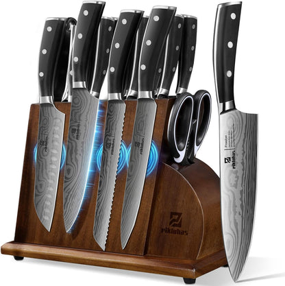 Knife Sets for Kitchen with Block, 17 Pieces with Magnetic Knife Holder, German High Carbon Stainless Steel Damascus Pattern Chef Knife Set, Ideal for Gift