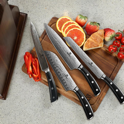 Knife Sets for Kitchen with Block, 17 Pieces with Magnetic Knife Holder, German High Carbon Stainless Steel Damascus Pattern Chef Knife Set, Ideal for Gift