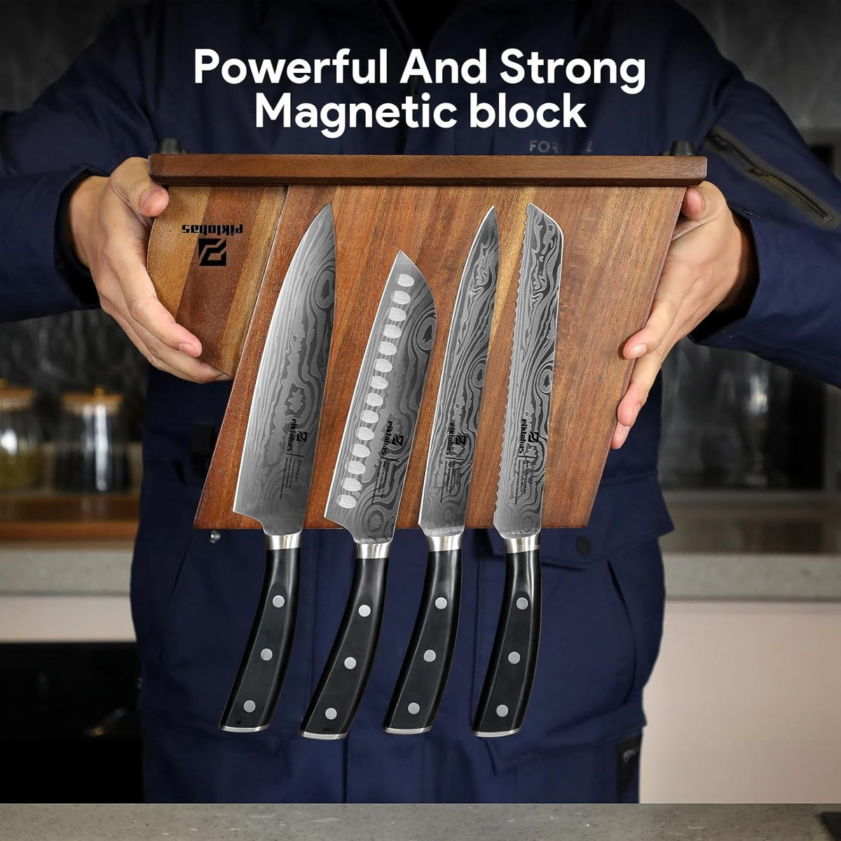 Knife Sets for Kitchen with Block, 17 Pieces with Magnetic Knife Holder, German High Carbon Stainless Steel Damascus Pattern Chef Knife Set, Ideal for Gift