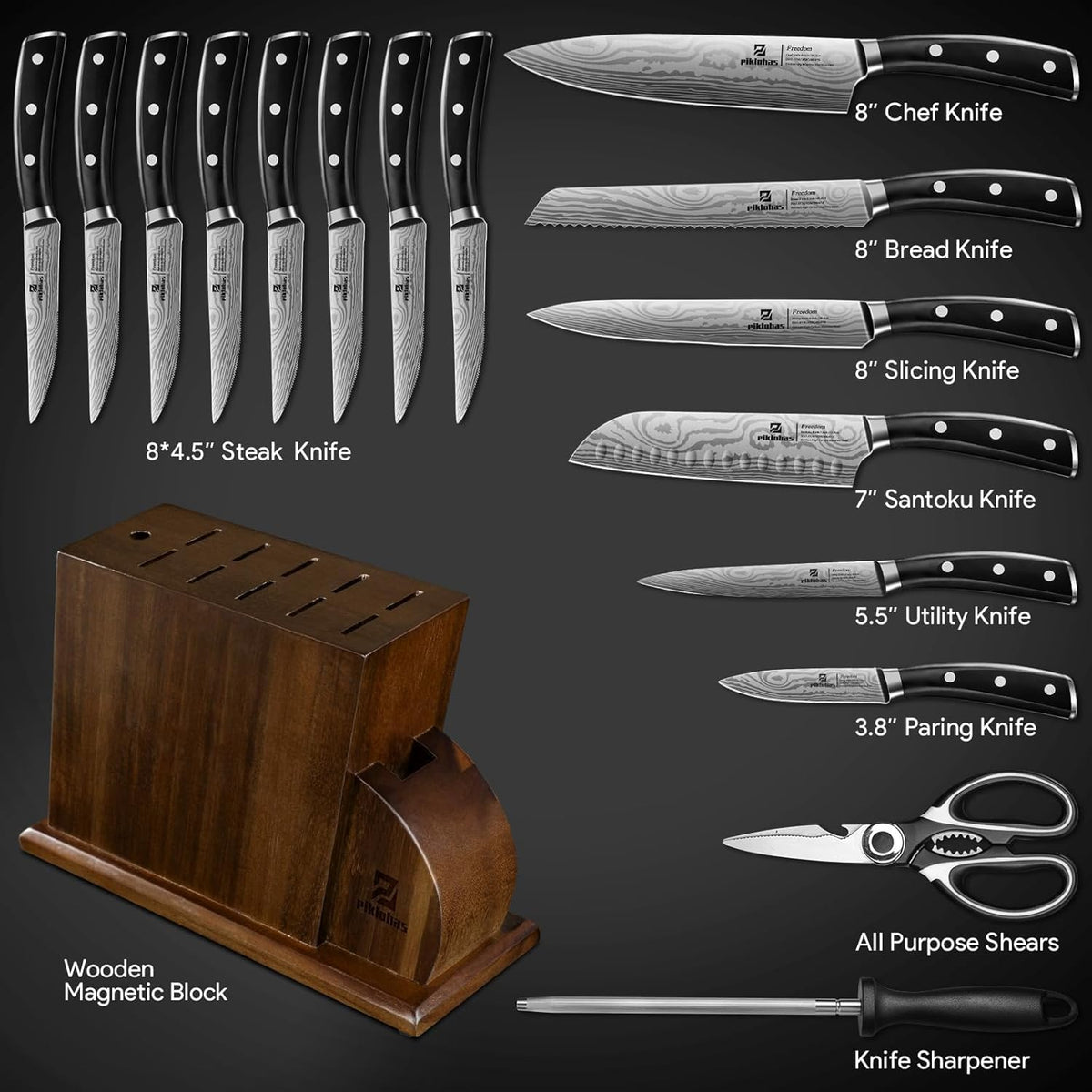 Knife Sets for Kitchen with Block, 17 Pieces with Magnetic Knife Holder, German High Carbon Stainless Steel Damascus Pattern Chef Knife Set, Ideal for Gift