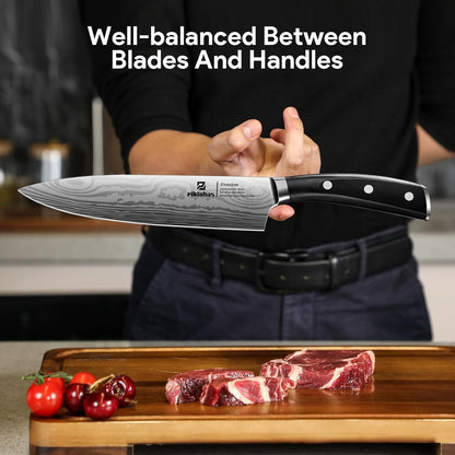 Knife Sets for Kitchen with Block, 17 Pieces with Magnetic Knife Holder, German High Carbon Stainless Steel Damascus Pattern Chef Knife Set, Ideal for Gift