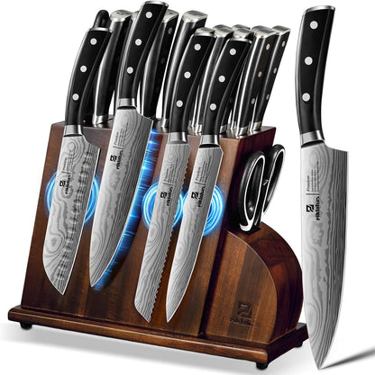 Knife Sets for Kitchen with Block, 17 Pieces with Magnetic Knife Holder, German High Carbon Stainless Steel Damascus Pattern Chef Knife Set, Ideal for Gift
