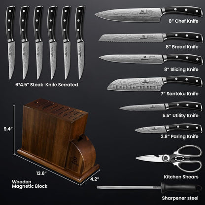 Knife Sets for Kitchen with Block, 17 Pieces with Magnetic Knife Holder, German High Carbon Stainless Steel Damascus Pattern Chef Knife Set, Ideal for Gift
