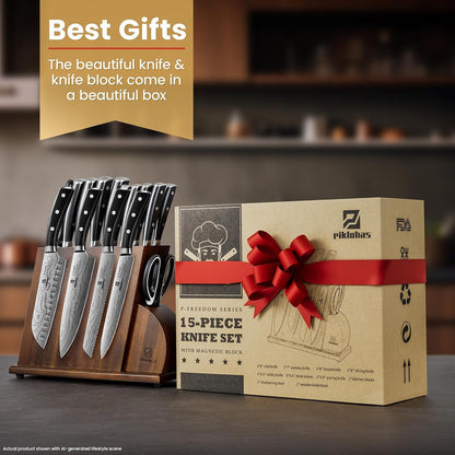 Knife Sets for Kitchen with Block, 17 Pieces with Magnetic Knife Holder, German High Carbon Stainless Steel Damascus Pattern Chef Knife Set, Ideal for Gift