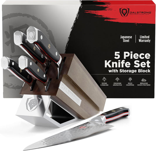 5-Piece Japanese Knife Block Set — 66-Layer Damascus AUS-10V Steel (8–12° Edge), Chef + Santoku + Utility + Bread + Paring — Shogun ELITE For Serious Home Cooks & Culinary Gifts