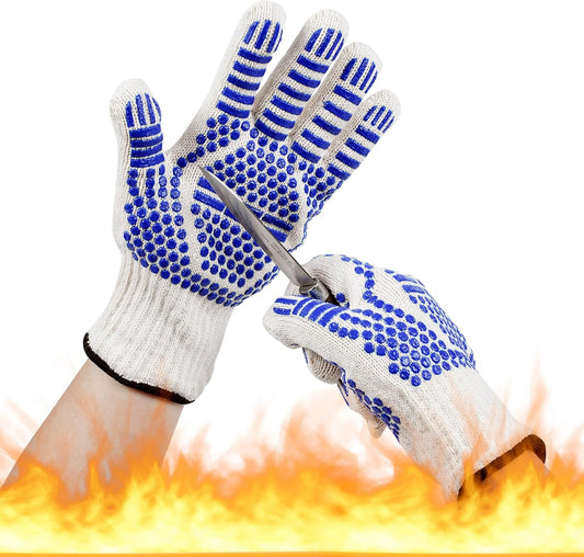 BBQ Gloves, Oven Gloves Extreme Heat & Cut Resistant Oven Mitts with Fingers for BBQ, Cooking, Grilling, Baking Grilling Gloves Silicone Non-Slip Oven Mitts, Kitchen Gloves (Blue)