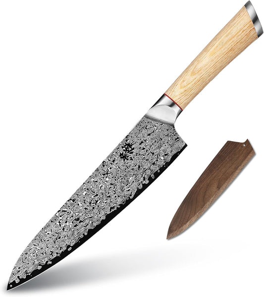 DONGSUN 8 Inch Damascus Chef Knife with North American Black Walnut Sheath, 67-Layer VG10 Forged Steel Japanese Gyuto, Professional Durable Sharpness