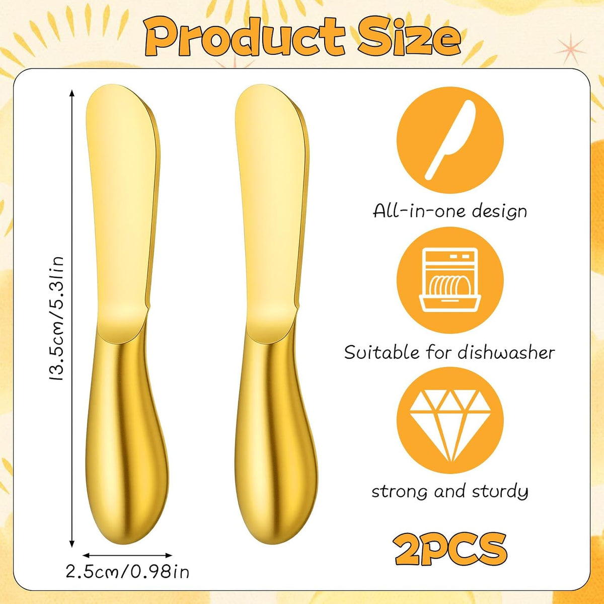 Butter Spreader Knives 2 Packs Gold Butter Knives Stainless Steel Cheese and Butters Knive Set Blunt Edge Spreader for Cheese Cream Jam Spreading