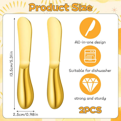 Butter Spreader Knives 2 Packs Gold Butter Knives Stainless Steel Cheese and Butters Knive Set Blunt Edge Spreader for Cheese Cream Jam Spreading