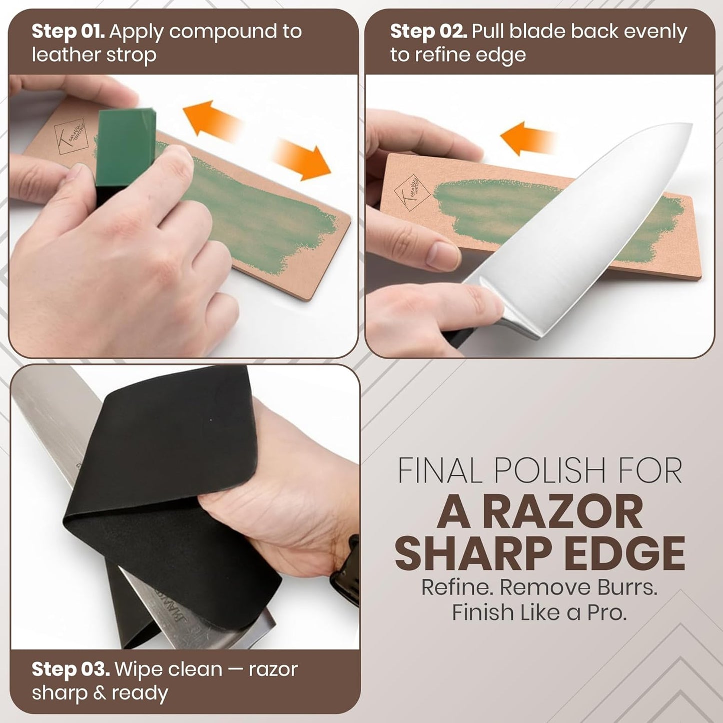 Rolling Knife Sharpener Kit with 4 Total Magnetic Snap-On Discs | 15° & 20° angle guide, 2x #400, 1x #1000, 1x #3000 discs, leather strop, polishing compound, microfiber cloth
