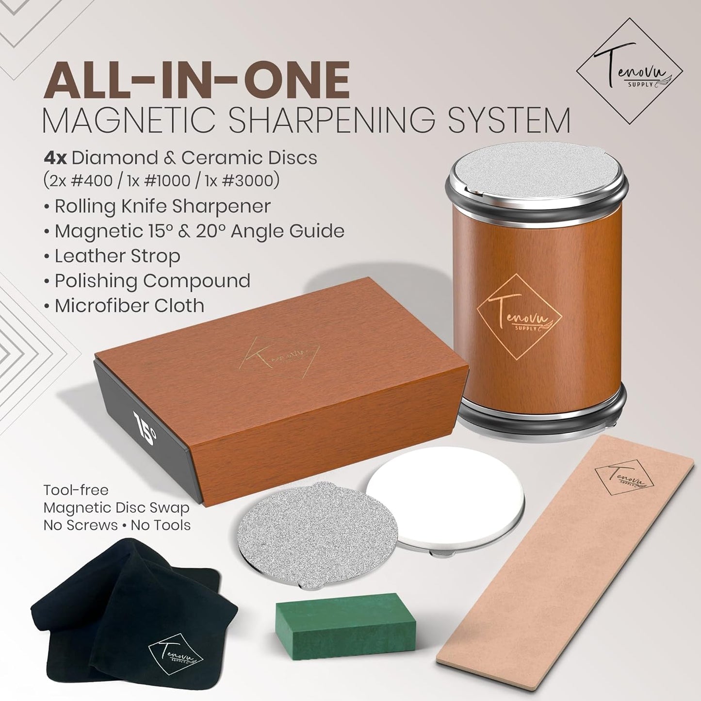 Rolling Knife Sharpener Kit with 4 Total Magnetic Snap-On Discs | 15° & 20° angle guide, 2x #400, 1x #1000, 1x #3000 discs, leather strop, polishing compound, microfiber cloth