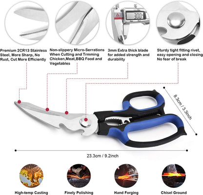 Heavy Duty Kitchen Shears with Unique Curve Blade, No Rust Cooking Knives Multi-purpose Poultry Shears, Scissors for Turkey Chicken Meat Bone Nuts Cardboard