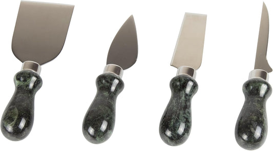 Natural Green Marble Handle Cheese Knife Set, 4 Pieces | Multipurpose, Includes Pronged Knife, Hard Cheese Knife, 2" W x 5.3" L