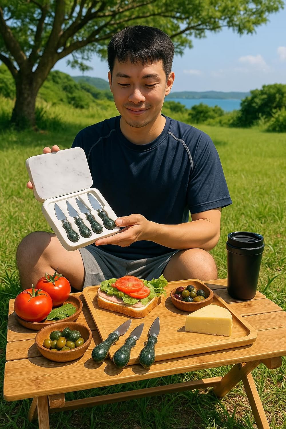 Natural Green Marble Handle Cheese Knife Set, 4 Pieces | Multipurpose, Includes Pronged Knife, Hard Cheese Knife, 2" W x 5.3" L