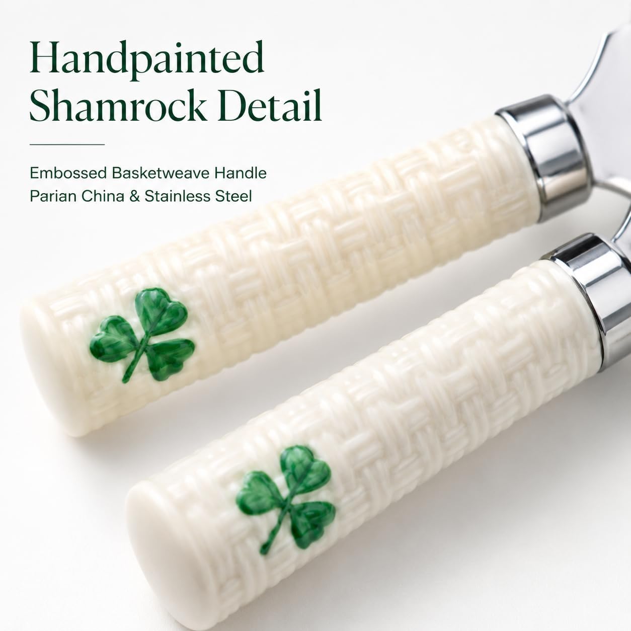 Shamrock Cheese Knives, Set of 4 | Iconic Basketweave Pattern, Parian China, Stainless Steel