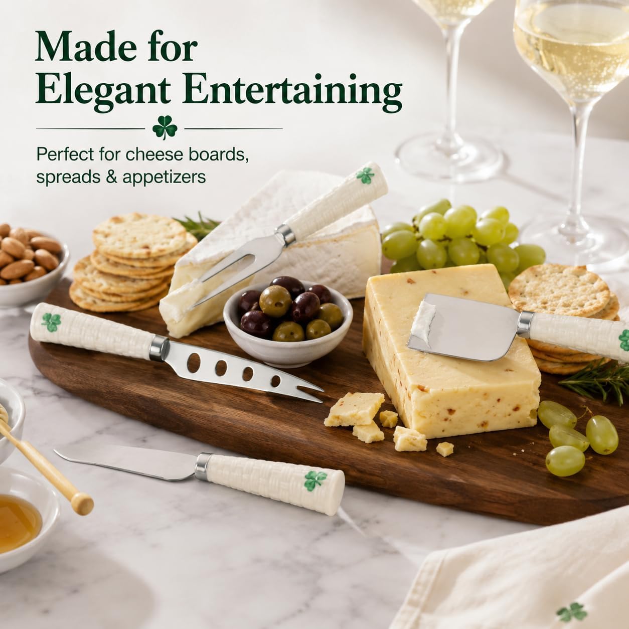 Shamrock Cheese Knives, Set of 4 | Iconic Basketweave Pattern, Parian China, Stainless Steel