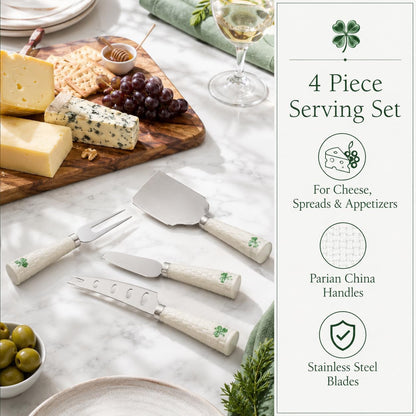 Shamrock Cheese Knives, Set of 4 | Iconic Basketweave Pattern, Parian China, Stainless Steel