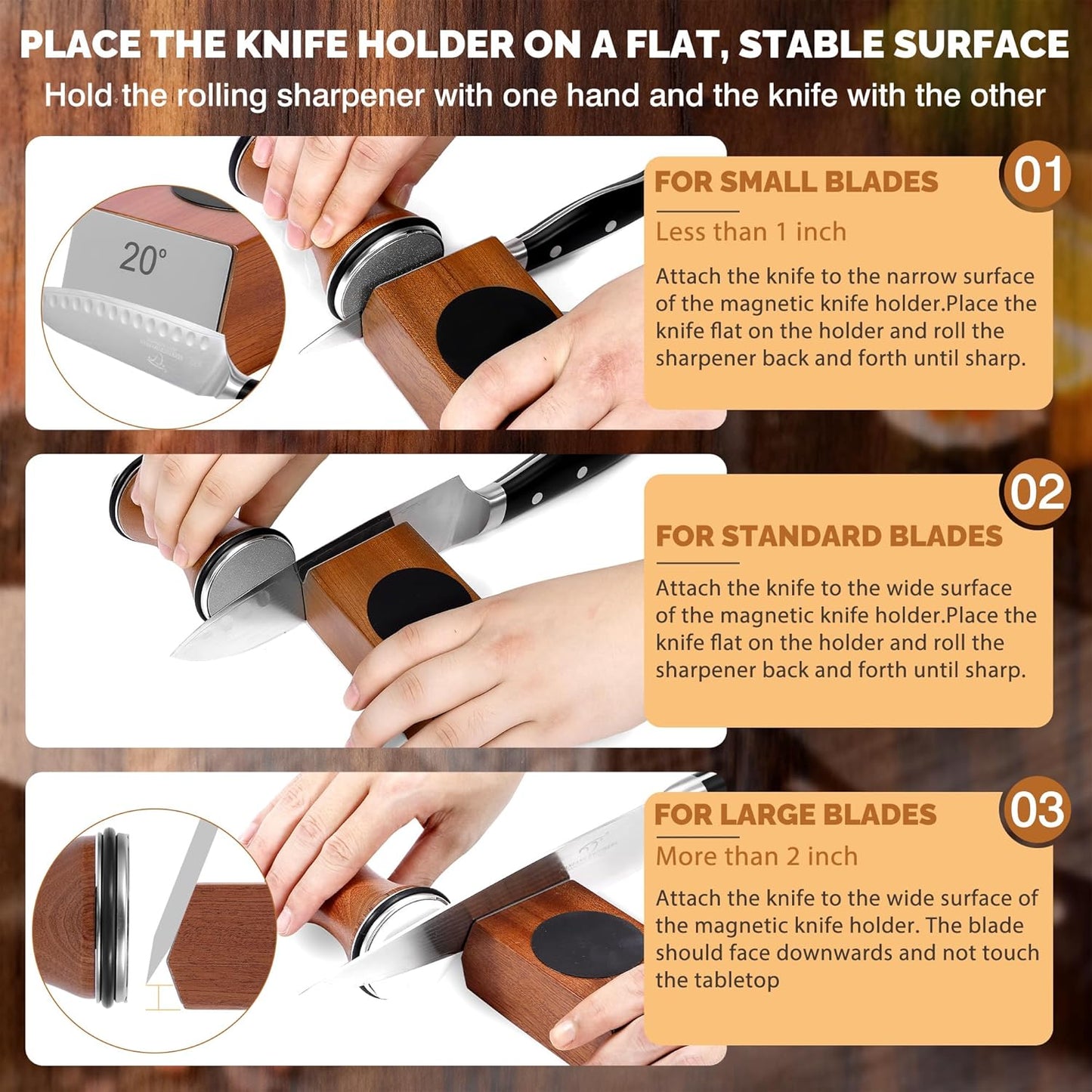 Rolling Knife Sharpener Kit, Knife Sharpener Tool with Replaceable Discs Diamond & Ceramic,15 & 20 Degree Multi-Purpose Magnetic Base, Suitable for Small, Medium, and Large Knives