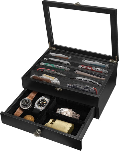 Knife Display Case Wood, 2 Tier Pocket Knife Organizer Box with Drawers Clear Acrylic Lid, Lockable Storage Collection Case for Knives, Black