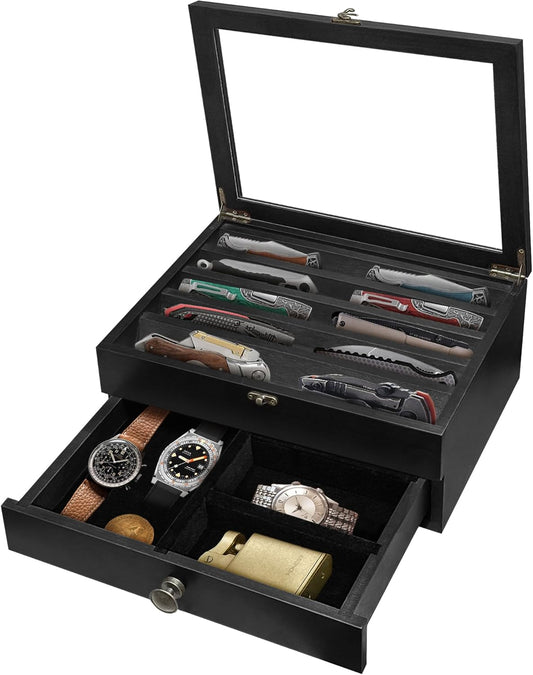 Knife Display Case Wood, 2 Tier Pocket Knife Organizer Box with Drawers Clear Acrylic Lid, Lockable Storage Collection Case for Knives, Black