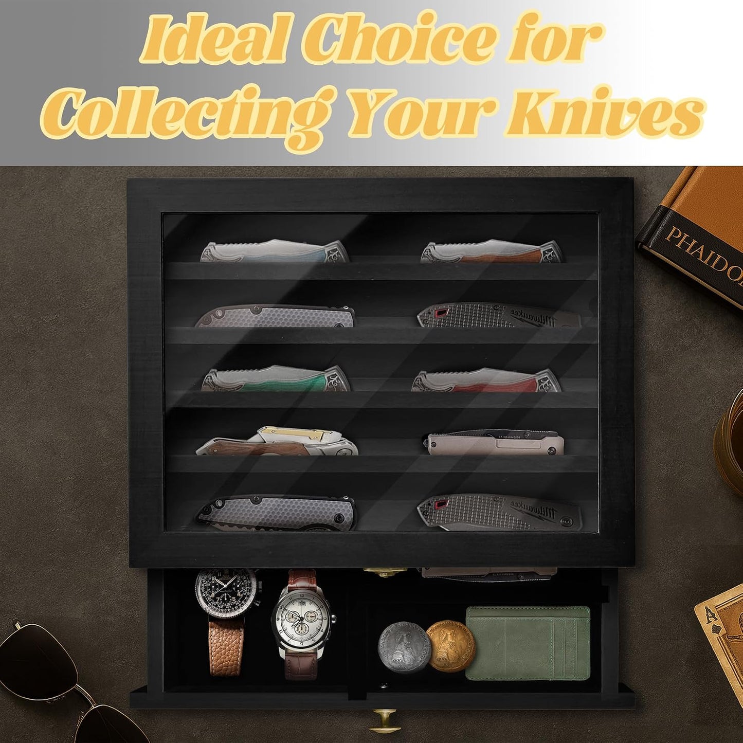 Knife Display Case Wood, 2 Tier Pocket Knife Organizer Box with Drawers Clear Acrylic Lid, Lockable Storage Collection Case for Knives, Black