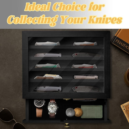 Knife Display Case Wood, 2 Tier Pocket Knife Organizer Box with Drawers Clear Acrylic Lid, Lockable Storage Collection Case for Knives, Black