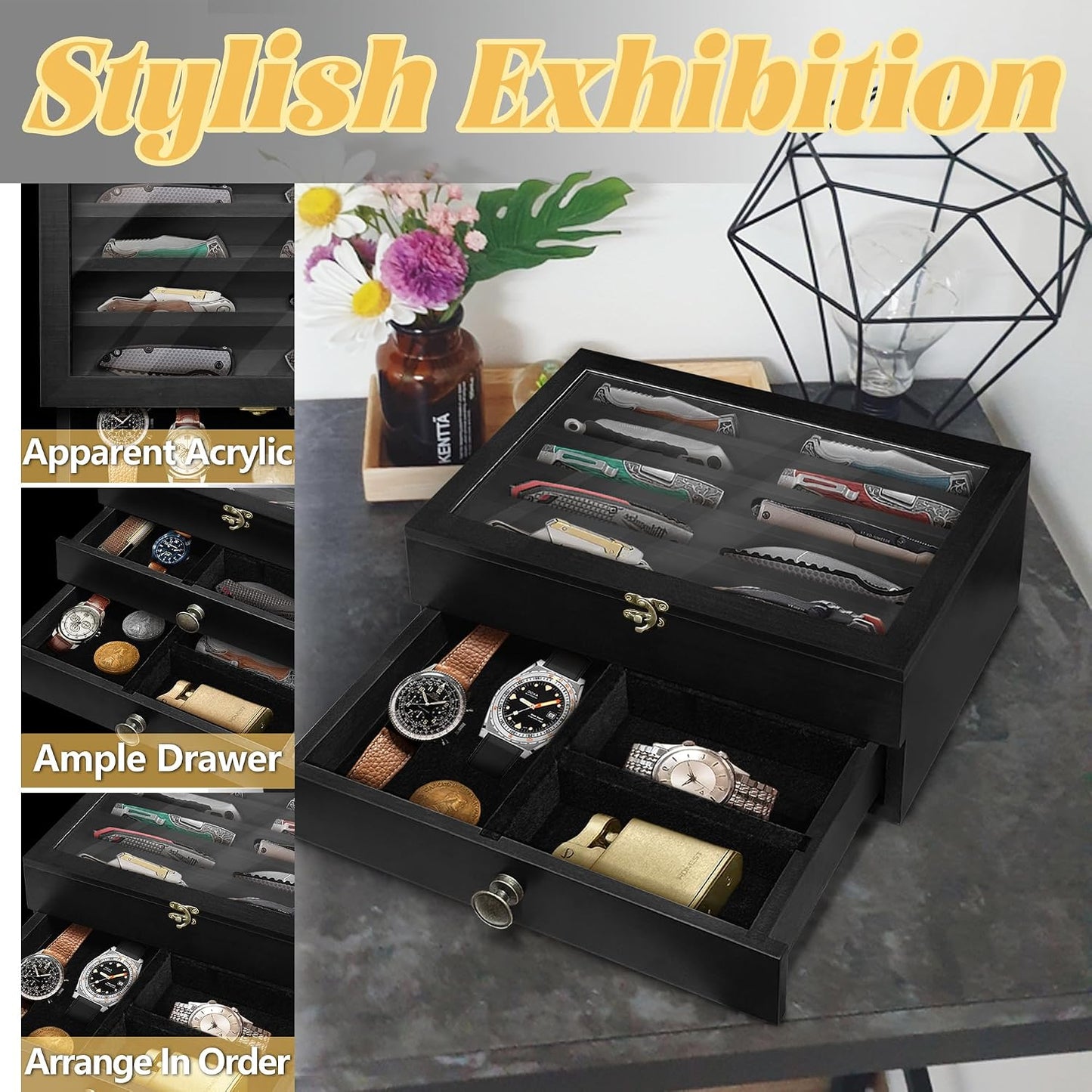 Knife Display Case Wood, 2 Tier Pocket Knife Organizer Box with Drawers Clear Acrylic Lid, Lockable Storage Collection Case for Knives, Black