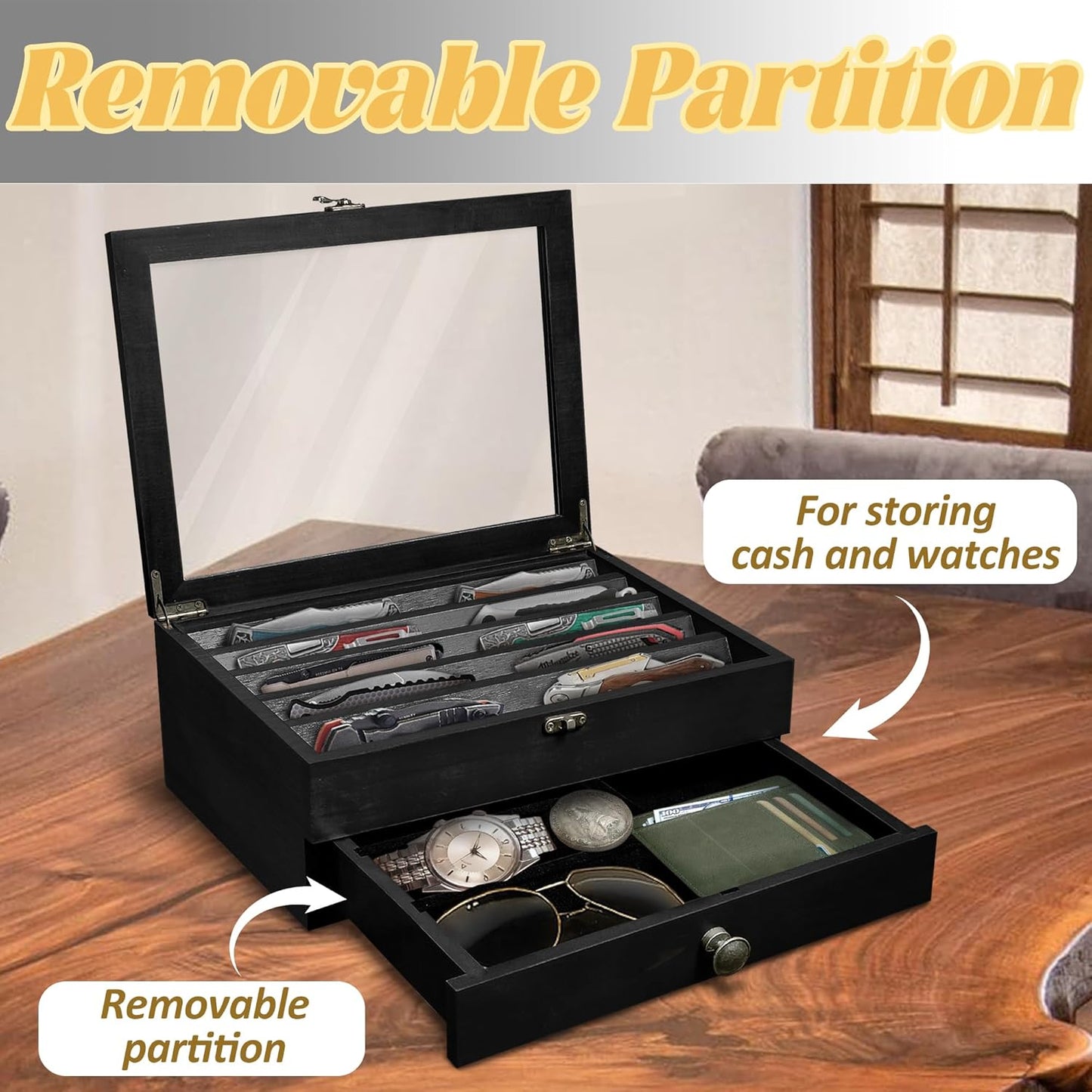Knife Display Case Wood, 2 Tier Pocket Knife Organizer Box with Drawers Clear Acrylic Lid, Lockable Storage Collection Case for Knives, Black
