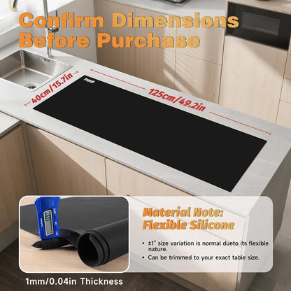 49.2" x 15.7" Large Silicone Mat for Kitchen Counter Protector, Cuttable | Silicon Countertop Protector Mat Heat Resistant Mats for Countertop, Cut to Fit Placemat Ship Roll , Black