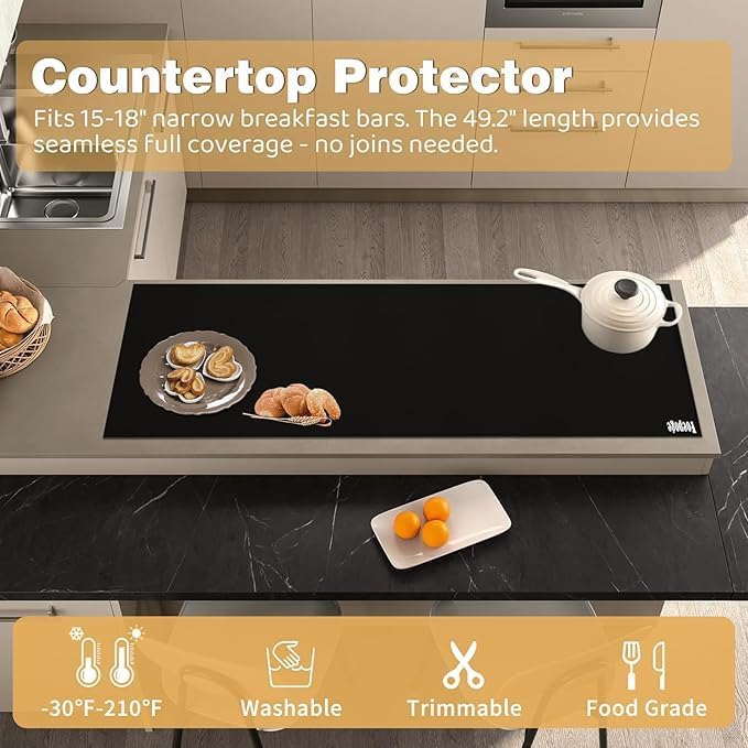 49.2" x 15.7" Large Silicone Mat for Kitchen Counter Protector, Cuttable | Silicon Countertop Protector Mat Heat Resistant Mats for Countertop, Cut to Fit Placemat Ship Roll , Black