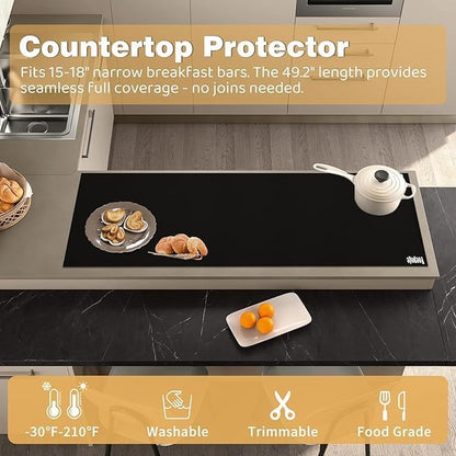 49.2" x 15.7" Large Silicone Mat for Kitchen Counter Protector, Cuttable | Silicon Countertop Protector Mat Heat Resistant Mats for Countertop, Cut to Fit Placemat Ship Roll , Black