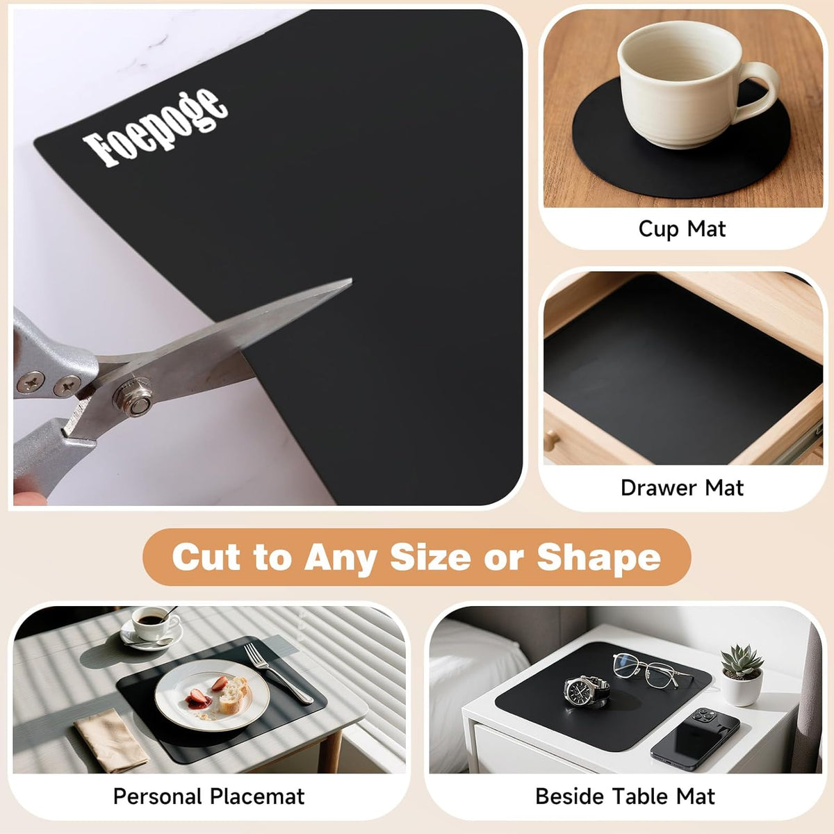 49.2" x 15.7" Large Silicone Mat for Kitchen Counter Protector, Cuttable | Silicon Countertop Protector Mat Heat Resistant Mats for Countertop, Cut to Fit Placemat Ship Roll , Black