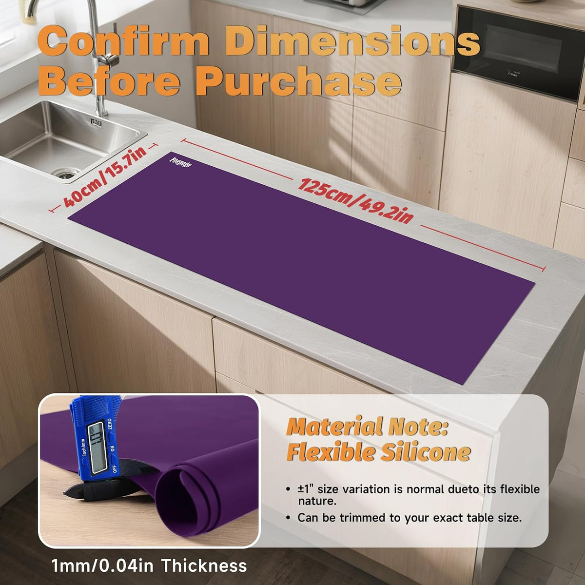 49.2" x 15.7" Large Silicone Mat for Kitchen Counter Protector, Cuttable | Silicon Countertop Protector Mat Heat Resistant Mats for Countertop, Cut to Fit Placemat Ship Roll , Black