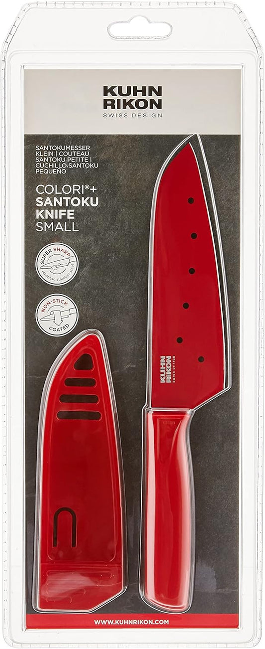 COLORI Non-Stick Santoku Knife with Safety Sheath, 5 inch/12.70 cm Blade, Red