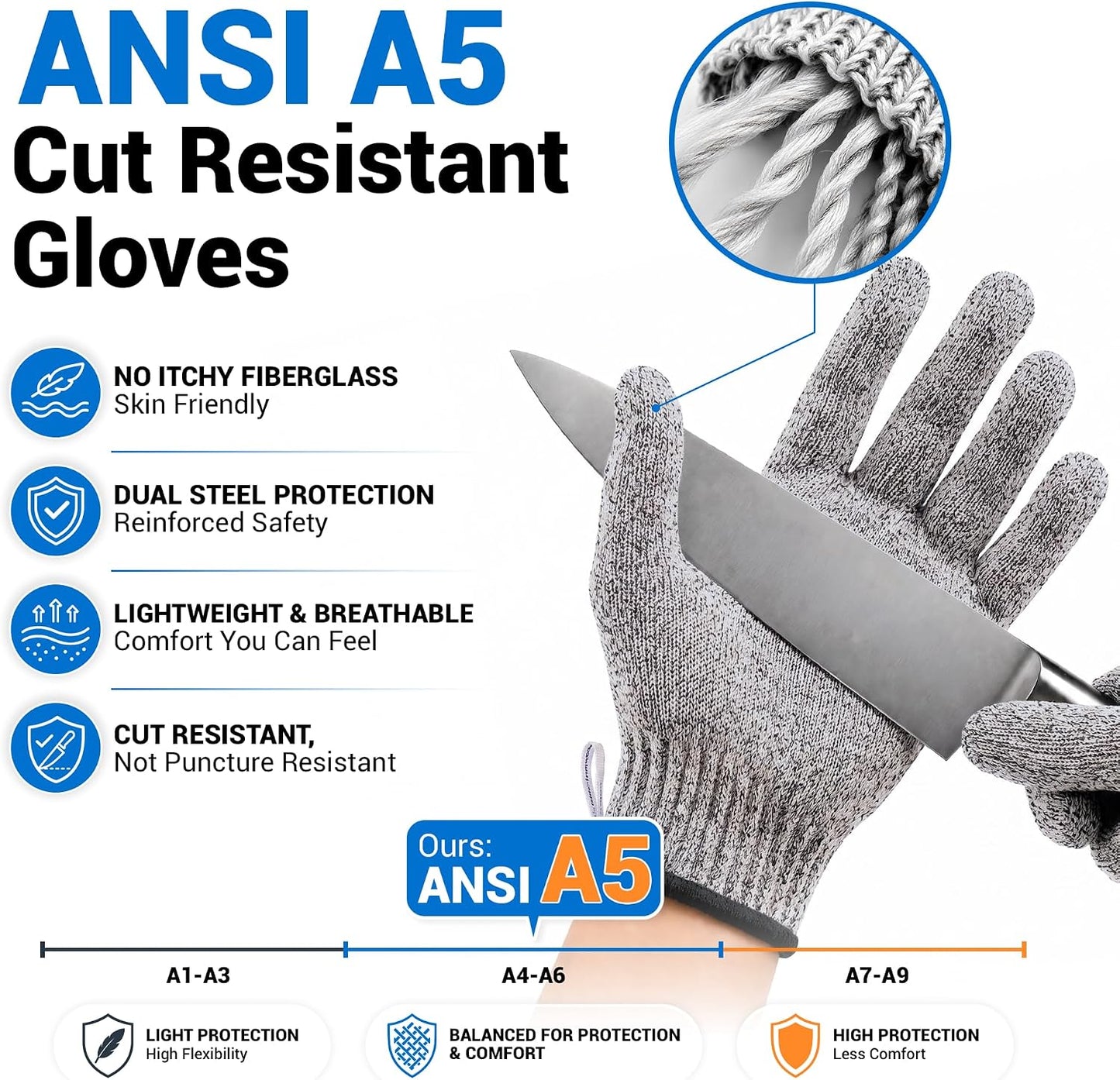 Cut Resistant Gloves Food Grade, ANSI A5 Kitchen Safety Gloves for Meat Cutting, Mandoline Slicer, Oyster Shucking, Wood Carving, Fish Fillet & Butcher, Grey (Large)