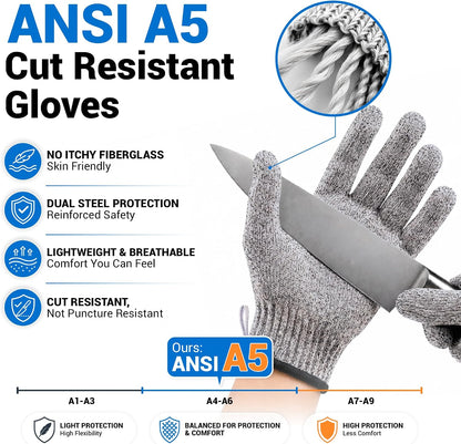 Cut Resistant Gloves Food Grade, ANSI A5 Kitchen Safety Gloves for Meat Cutting, Mandoline Slicer, Oyster Shucking, Wood Carving, Fish Fillet & Butcher, Grey (Large)