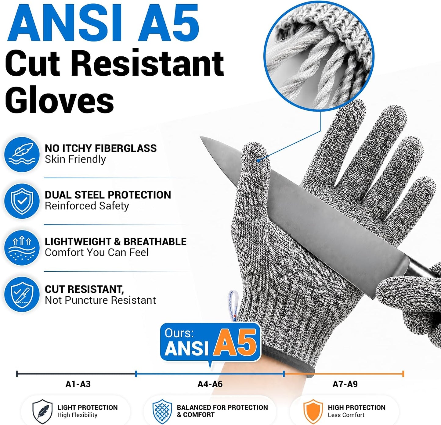 Cut Resistant Gloves Food Grade, ANSI A5 Kitchen Safety Gloves for Meat Cutting, Mandoline Slicer, Oyster Shucking, Wood Carving, Fish Fillet & Butcher, Grey (Large)
