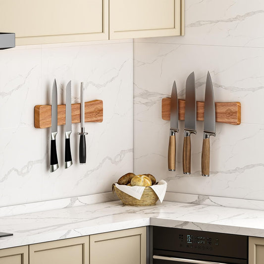 Knife Magnetic Strip, 10 Inch Solid Oak Magnetic Knife Holder for Wall with N52 Super Strong Magnets, Premium Magnetic Knife Strip Organizer for Kitchen Knives & Tools-Renter Friendly