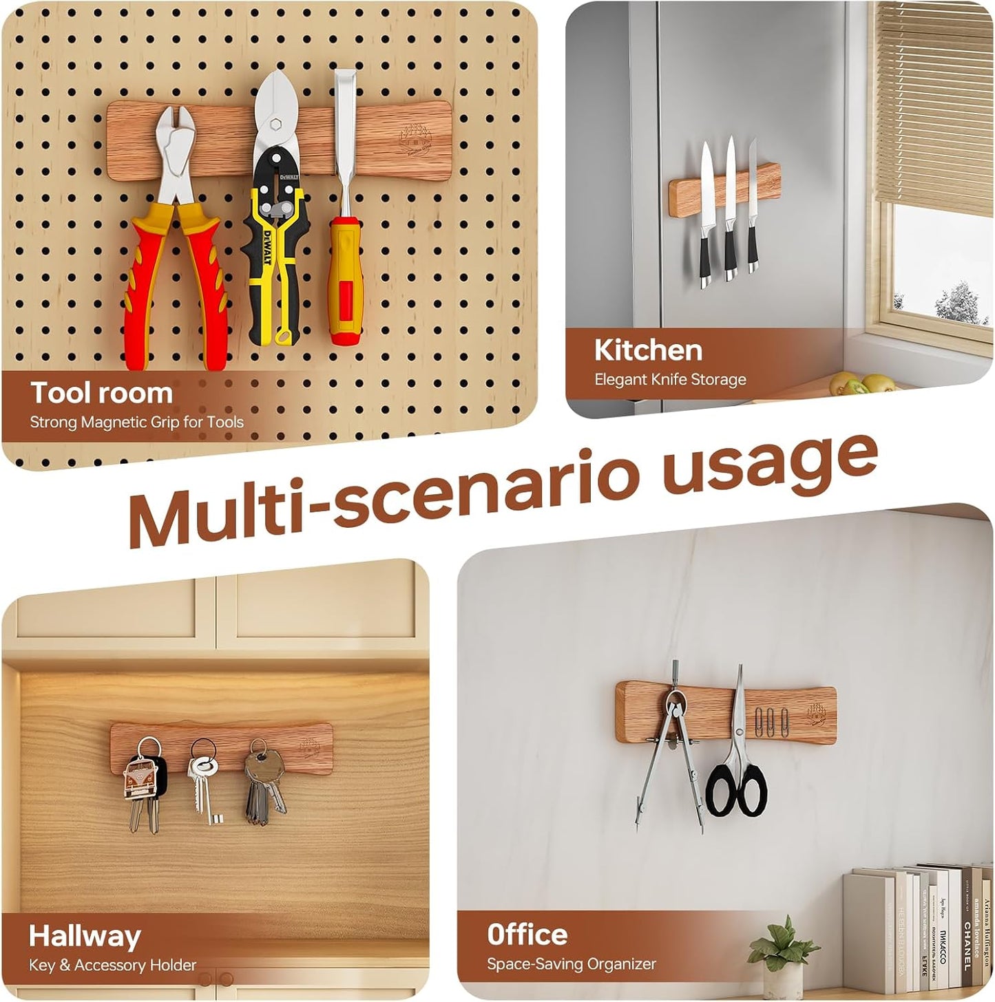 Knife Magnetic Strip, 10 Inch Solid Oak Magnetic Knife Holder for Wall with N52 Super Strong Magnets, Premium Magnetic Knife Strip Organizer for Kitchen Knives & Tools-Renter Friendly